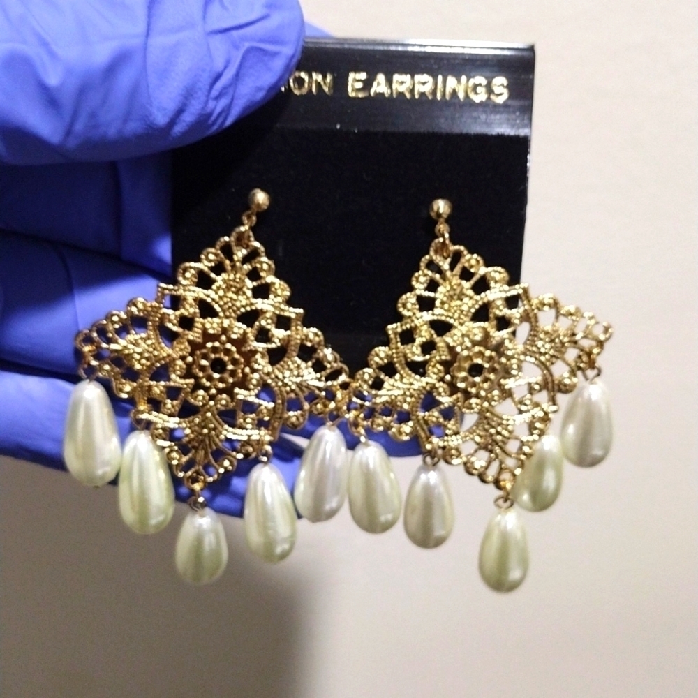 Women's Gold-tone Diamond Shape Filigree Design Beaded Drop Dangle Earrings, #4